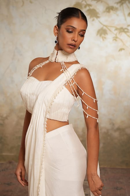 Libas Cafe by Nidhi & Ashish_Off White Crepe Embroidery, Pearls Sweetheart Neck, Hand Pre-draped Saree Set _Online_at_Aza_Fashions