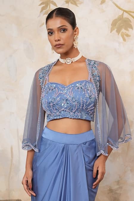 Libas Cafe by Nidhi & Ashish Blue Satin, Net Embroidery, Beads, Sequins Hand Sheer Cape And Draped Dhoti Set Online at Aza Fashions Libas Cafe by Nidhi & Ashish_Blue Satin, Net Embroidery, Beads, Sequins Hand Sheer Cape And Draped Dhoti Set _Online_at_Aza_Fashions
