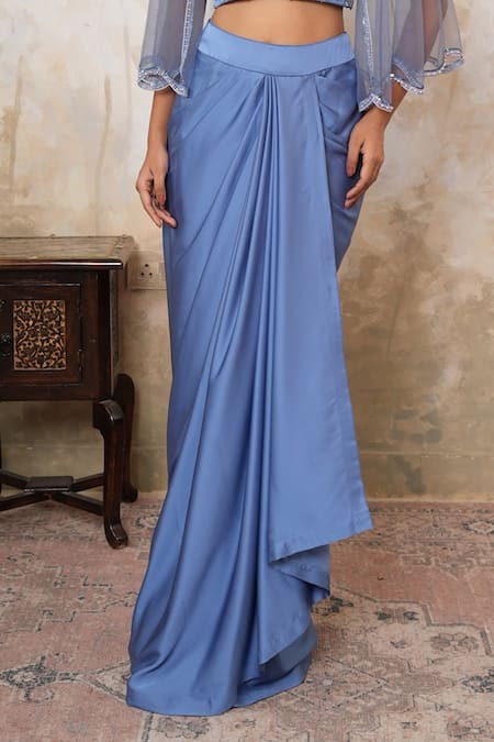 Buy Libas Cafe by Nidhi & Ashish Blue Satin, Net Embroidery, Beads, Sequins Hand Sheer Cape And Draped Dhoti Set Online at Aza Fashions Buy_Libas Cafe by Nidhi & Ashish_Blue Satin, Net Embroidery, Beads, Sequins Hand Sheer Cape And Draped Dhoti Set _Online_at_Aza_Fashions