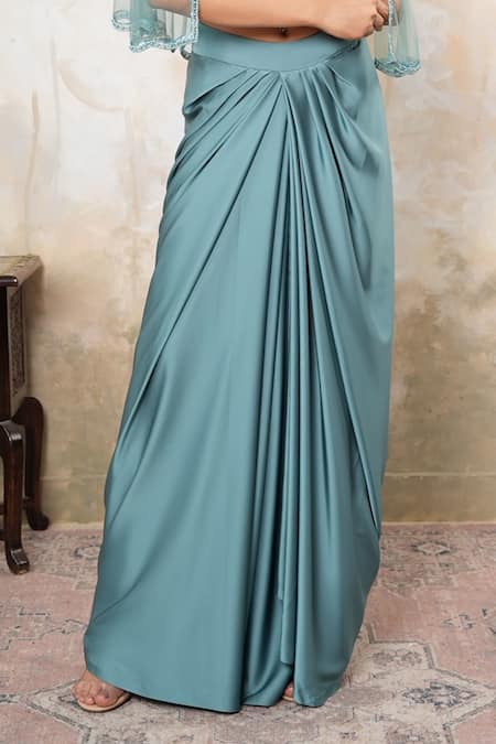 Libas Cafe by Nidhi & Ashish Green Satin, Net Embroidery Open Neck, Hand Cape Blouse And Draped Skirt Set Online at Aza Fashions Libas Cafe by Nidhi & Ashish_Green Satin, Net Embroidery Open Neck, Hand Cape Blouse And Draped Skirt Set _Online_at_Aza_Fashions