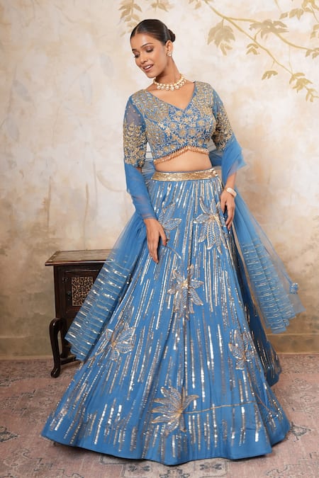 Libas Cafe by Nidhi & Ashish Blue Crepe, Net Sequins, Embroidery, Zari, Striped And Floral Lehenga Set 