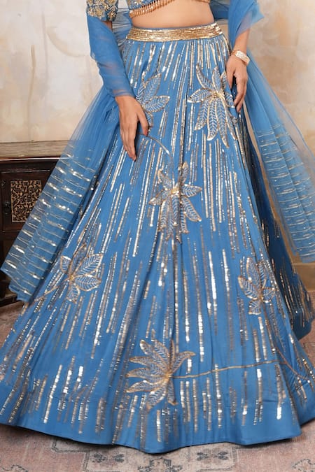 Libas Cafe by Nidhi & Ashish_Blue Crepe, Net Sequins, Embroidery, Zari, Striped And Floral Lehenga Set _Online_at_Aza_Fashions