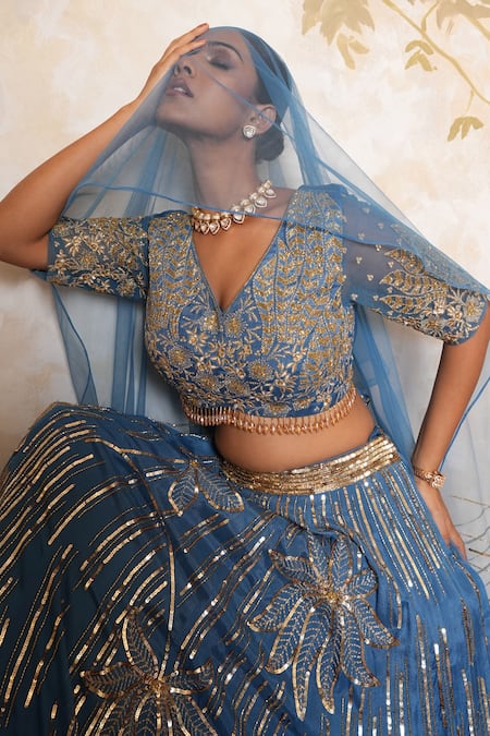 Buy_Libas Cafe by Nidhi & Ashish_Blue Crepe, Net Sequins, Embroidery, Zari, Striped And Floral Lehenga Set _Online_at_Aza_Fashions