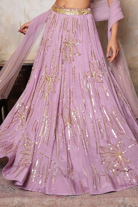 Libas Cafe by Nidhi & Ashish_Lilac Crepe, Net Embroidery, Sequins, Zari, Beads Striped And Floral Lehenga Set _Online_at_Aza_Fashions