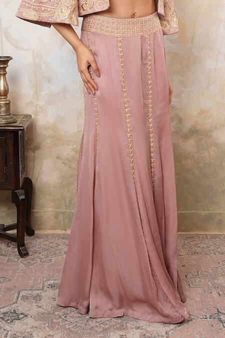 Libas Cafe by Nidhi & Ashish_Peach Satin, Organza Embroidery, Metallic Thread, Mermaid Lehenga Set With Cape _Online_at_Aza_Fashions