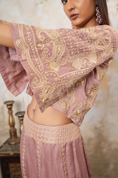 Buy_Libas Cafe by Nidhi & Ashish_Peach Satin, Organza Embroidery, Metallic Thread, Mermaid Lehenga Set With Cape _Online_at_Aza_Fashions