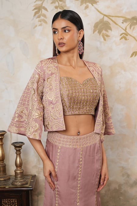 Shop_Libas Cafe by Nidhi & Ashish_Peach Satin, Organza Embroidery, Metallic Thread, Mermaid Lehenga Set With Cape _Online_at_Aza_Fashions