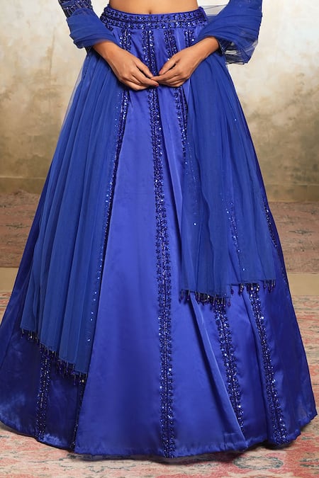 Libas Cafe by Nidhi & Ashish_Blue Organza Sequins, Beads, Pom-poms Panel Embroidered Beaded Lehenga Set _Online_at_Aza_Fashions