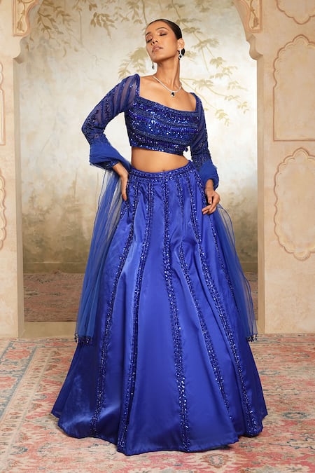 Buy_Libas Cafe by Nidhi & Ashish_Blue Organza Sequins, Beads, Pom-poms Panel Embroidered Beaded Lehenga Set _Online_at_Aza_Fashions