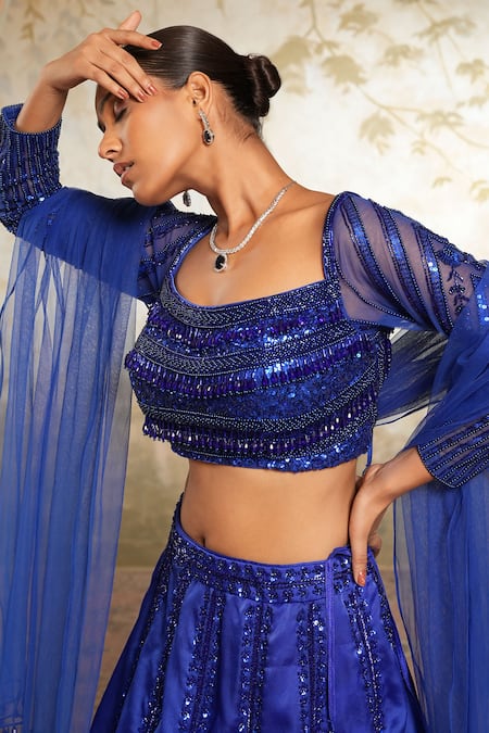 Shop_Libas Cafe by Nidhi & Ashish_Blue Organza Sequins, Beads, Pom-poms Panel Embroidered Beaded Lehenga Set _Online_at_Aza_Fashions