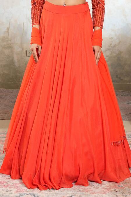 Libas Cafe by Nidhi & Ashish_Orange Crepe, Net Embroidery, Beads, Sequins Square Neck Hand And Lehenga Set _Online_at_Aza_Fashions