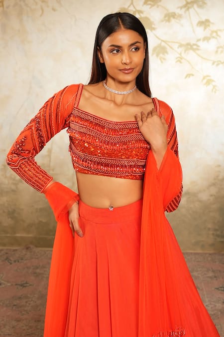 Buy_Libas Cafe by Nidhi & Ashish_Orange Crepe, Net Embroidery, Beads, Sequins Square Neck Hand And Lehenga Set _Online_at_Aza_Fashions