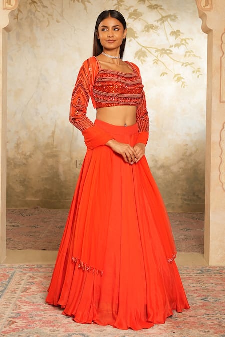 Shop_Libas Cafe by Nidhi & Ashish_Orange Crepe, Net Embroidery, Beads, Sequins Square Neck Hand And Lehenga Set _Online_at_Aza_Fashions