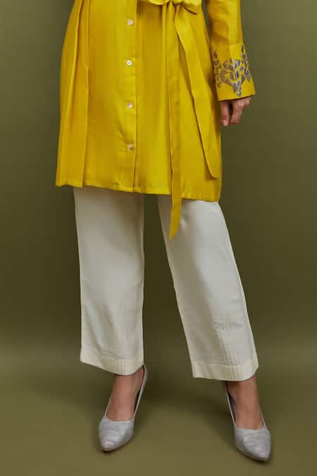 Sandhya Shah_Yellow Chanderi Embroidery Collared Pleated Shirt Tunic With Pant _Online_at_Aza_Fashions