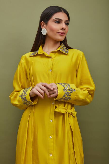 Buy_Sandhya Shah_Yellow Chanderi Embroidery Collared Pleated Shirt Tunic With Pant _Online_at_Aza_Fashions