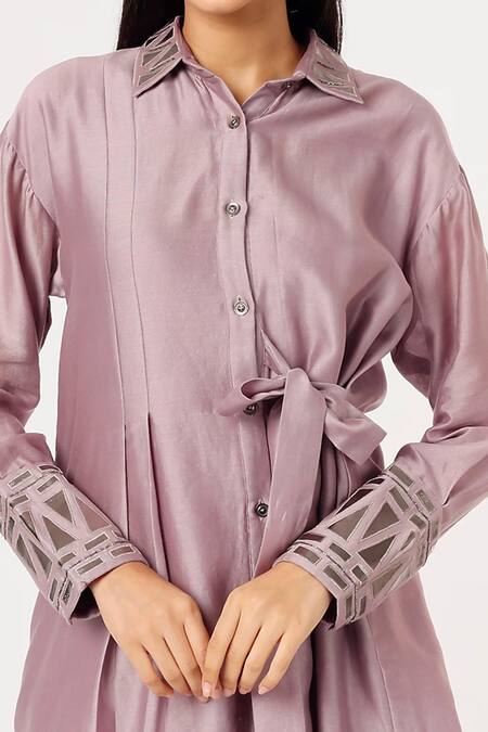 Buy_Sandhya Shah_Lilac Chanderi Embroidery Collared Flame Shirt Tunic And Pant Set _Online_at_Aza_Fashions
