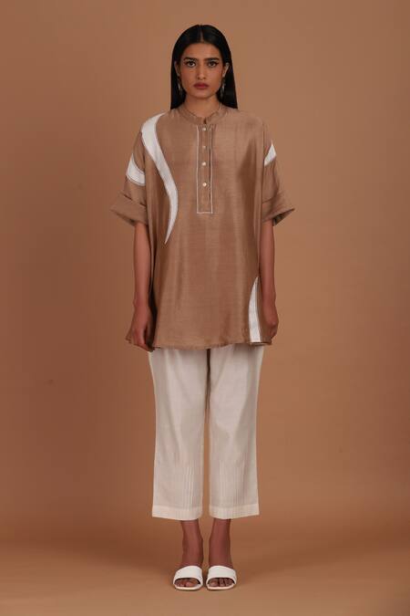 Sandhya Shah_Brown Chanderi Embroidery Mandarin Collar Hazel Delight Top With Pant _Online_at_Aza_Fashions