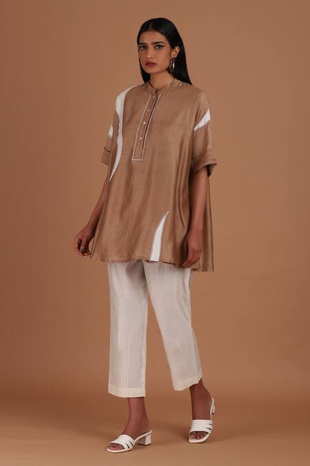 Buy_Sandhya Shah_Brown Chanderi Embroidery Mandarin Collar Hazel Delight Top With Pant _Online_at_Aza_Fashions