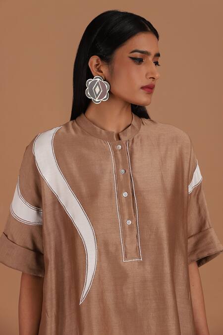 Shop_Sandhya Shah_Brown Chanderi Embroidery Mandarin Collar Hazel Delight Top With Pant _Online_at_Aza_Fashions