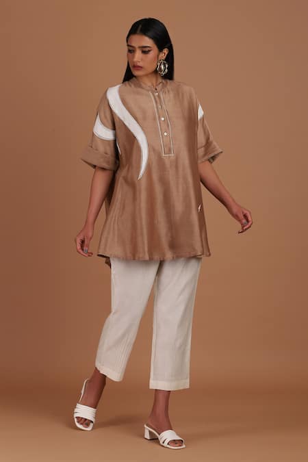 Sandhya Shah Brown Chanderi Embroidery Mandarin Collar Hazel Delight Top With Pant 