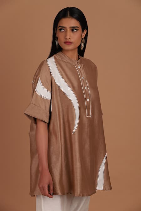 Sandhya Shah_Brown Chanderi Embroidery Mandarin Collar Hazel Delight Top With Pant _at_Aza_Fashions