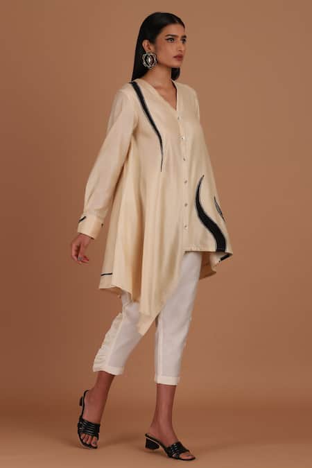 Sandhya Shah Cream Chanderi Embroidery, Ruffles V-neck Latte Top With Pant 