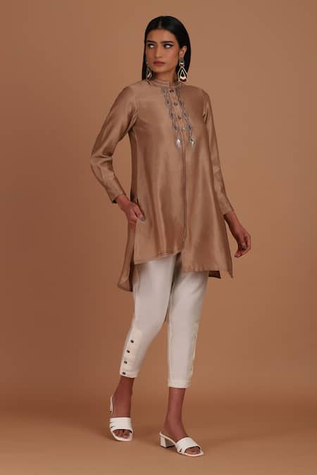 Sandhya Shah Brown Chanderi Embroidery, Mirrors Mandarin Collar Coffee Cream Tunic With Pant 