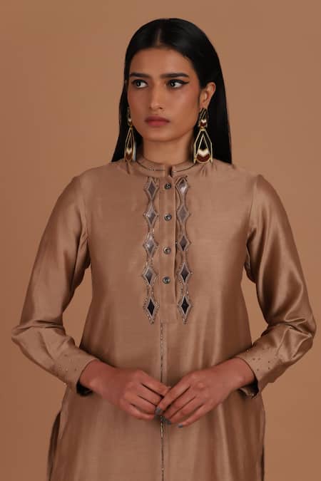 Sandhya Shah_Brown Chanderi Embroidery, Mirrors Mandarin Collar Coffee Cream Tunic With Pant _Online_at_Aza_Fashions
