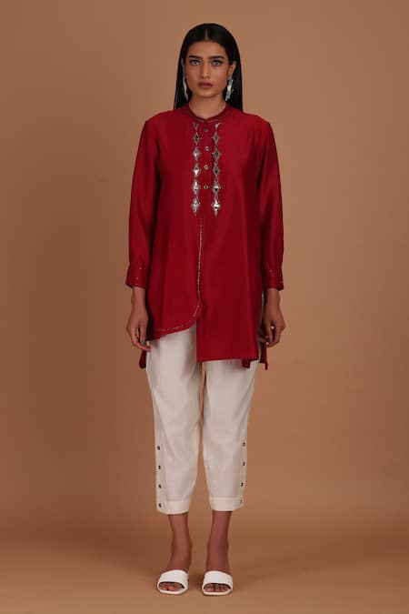 Sandhya Shah Red Chanderi Mirrors, Beads Mandarin Collar Embroidered Tunic With Pant 