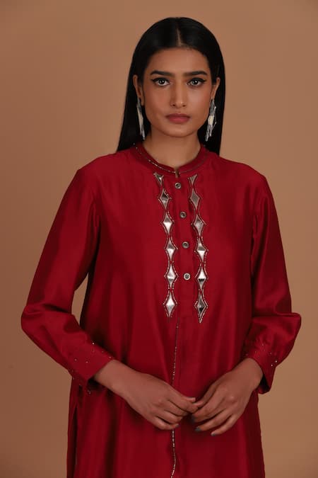 Sandhya Shah_Red Chanderi Mirrors, Beads Mandarin Collar Embroidered Tunic With Pant _Online_at_Aza_Fashions