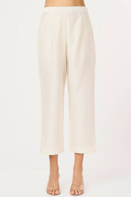 Sandhya Shah_Beige Chanderi Zari, Embroidery Collared Pleated Tunic With Pant _Online_at_Aza_Fashions