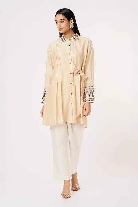 Sandhya Shah Beige Chanderi Zari, Embroidery Collared Pleated Tunic With Pant 