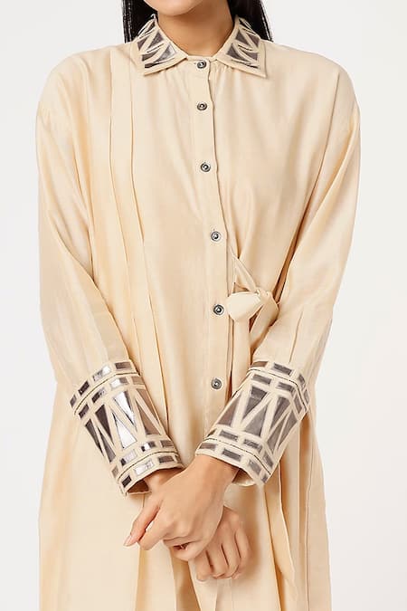 Buy_Sandhya Shah_Beige Chanderi Zari, Embroidery Collared Pleated Tunic With Pant _Online_at_Aza_Fashions