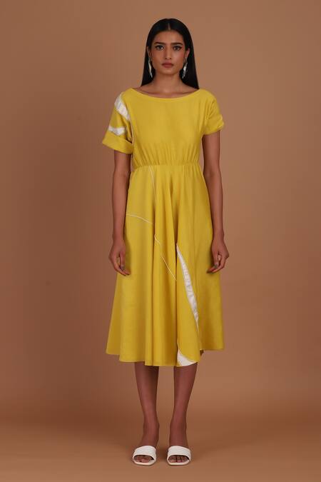 Sandhya Shah_Yellow Chanderi Applique, Embroidery Boat Neck Contrast Tape Pattern Dress _Online_at_Aza_Fashions