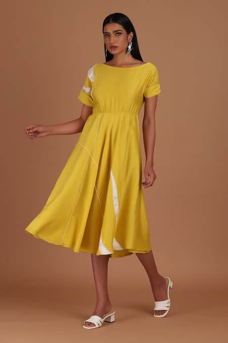 Sandhya Shah Yellow Chanderi Applique, Embroidery Boat Neck Contrast Tape Pattern Dress 