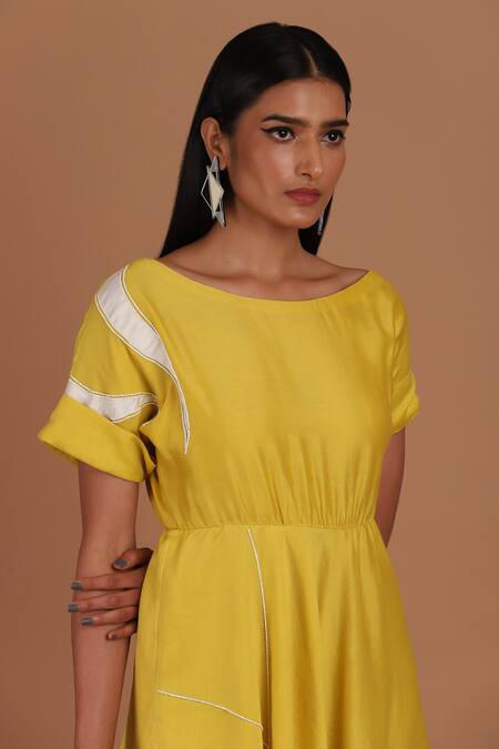 Buy_Sandhya Shah_Yellow Chanderi Applique, Embroidery Boat Neck Contrast Tape Pattern Dress _Online_at_Aza_Fashions