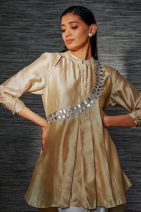 Sandhya Shah_Beige Chanderi Mirrors Mandarin Collar Leather Work Tunic With Pant _Online_at_Aza_Fashions