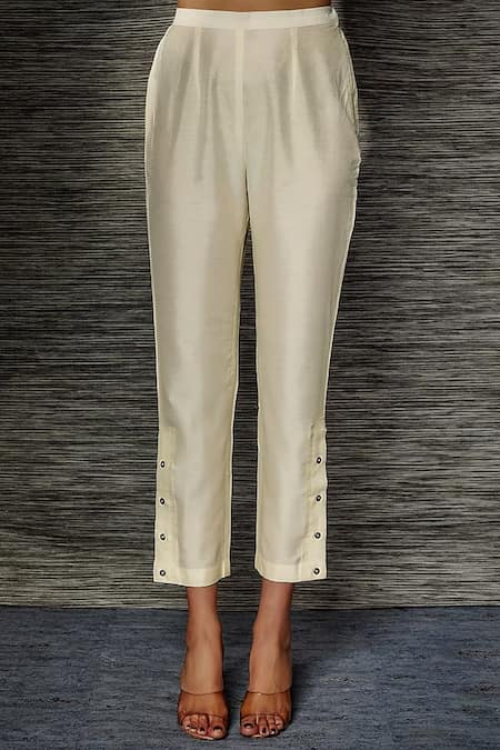 Buy_Sandhya Shah_Beige Chanderi Mirrors Mandarin Collar Leather Work Tunic With Pant _Online_at_Aza_Fashions