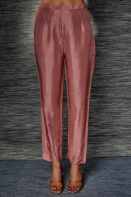 Sandhya Shah_Peach Chanderi Mirrors Mandarin Collar Leather Work Tunic With Pant _Online_at_Aza_Fashions