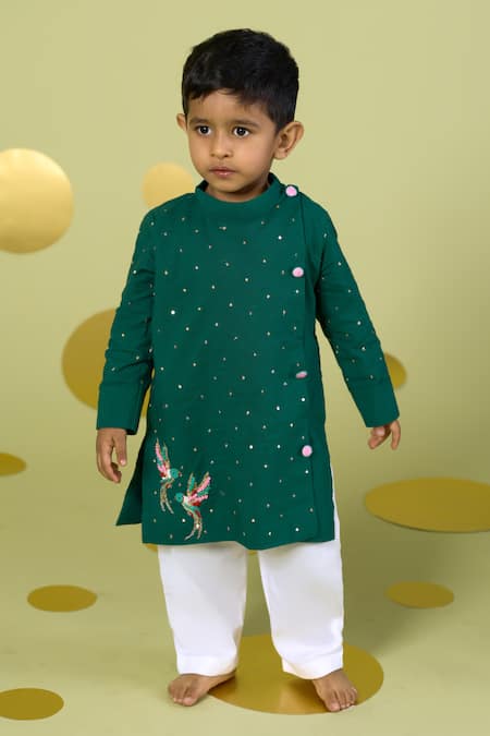 Vivedkids Green Cotton Mirrors, Embroidery Bird Kurta And Pant Set 