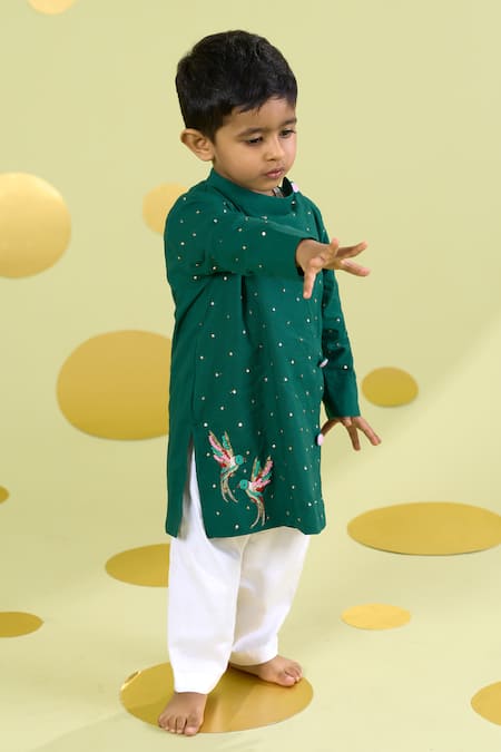 Buy_Vivedkids_Green Cotton Mirrors, Embroidery Bird Kurta And Pant Set _Online_at_Aza_Fashions