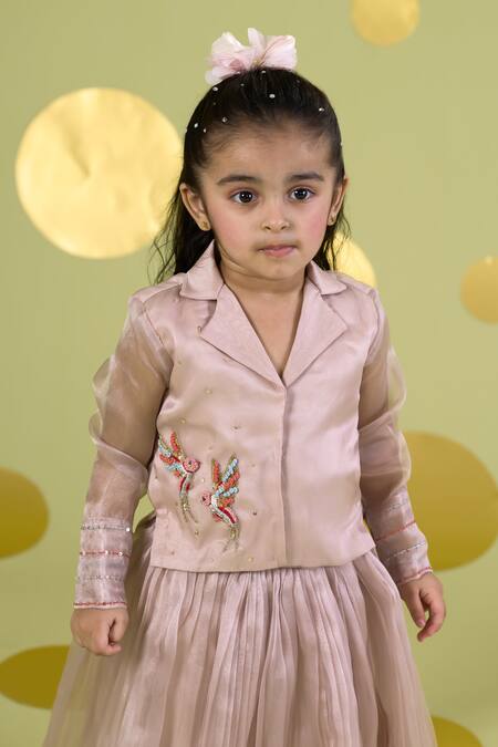 Vivedkids_Ivory Tissue Embroidery, Sequins Bird Shirt And Skirt Set _Online_at_Aza_Fashions