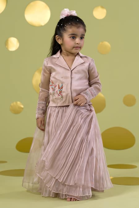 Buy_Vivedkids_Ivory Tissue Embroidery, Sequins Bird Shirt And Skirt Set _Online_at_Aza_Fashions