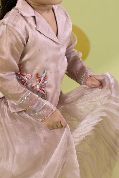 Shop_Vivedkids_Ivory Tissue Embroidery, Sequins Bird Shirt And Skirt Set _Online_at_Aza_Fashions