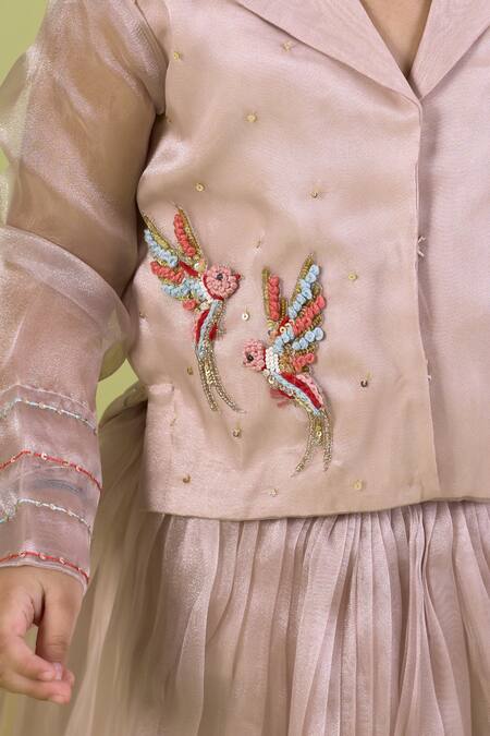 Vivedkids_Ivory Tissue Embroidery, Sequins Bird Shirt And Skirt Set _at_Aza_Fashions