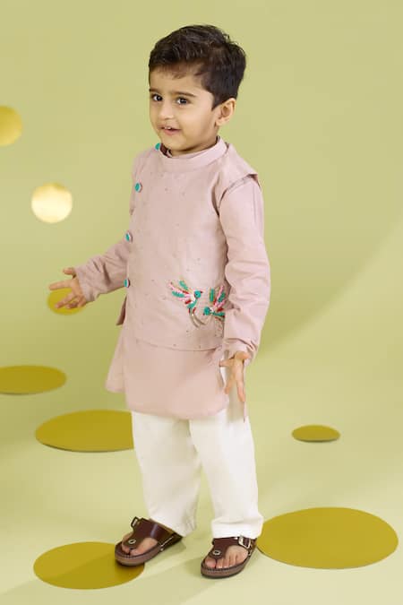 Vivedkids_Peach Cotton Embroidery, Mirrors Bird Bundi And Kurta Set _Online_at_Aza_Fashions
