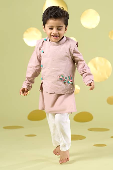 Vivedkids Peach Cotton Embroidery, Mirrors Bird Bundi And Kurta Set 