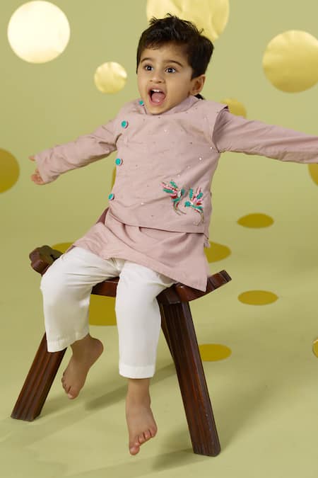 Shop_Vivedkids_Peach Cotton Embroidery, Mirrors Bird Bundi And Kurta Set _Online_at_Aza_Fashions