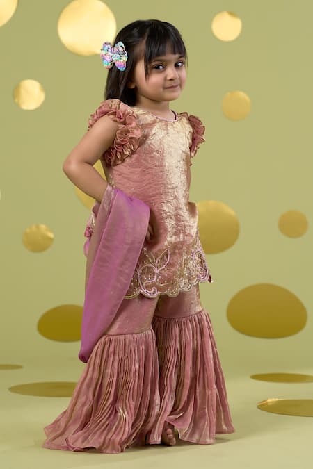 Vivedkids Pink Tissue Embroidery, Sequins Kairi Hand Work Kurta Sharara Set Online at Aza Fashions Vivedkids_Pink Tissue Embroidery, Sequins Kairi Hand Work Kurta Sharara Set _Online_at_Aza_Fashions