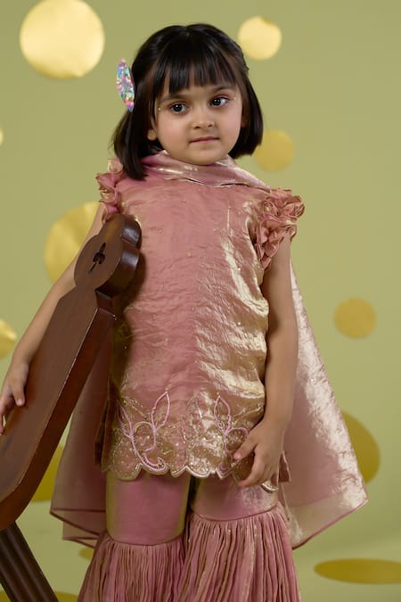 Shop Vivedkids Pink Tissue Embroidery, Sequins Kairi Hand Work Kurta Sharara Set Online at Aza Fashions Shop_Vivedkids_Pink Tissue Embroidery, Sequins Kairi Hand Work Kurta Sharara Set _Online_at_Aza_Fashions
